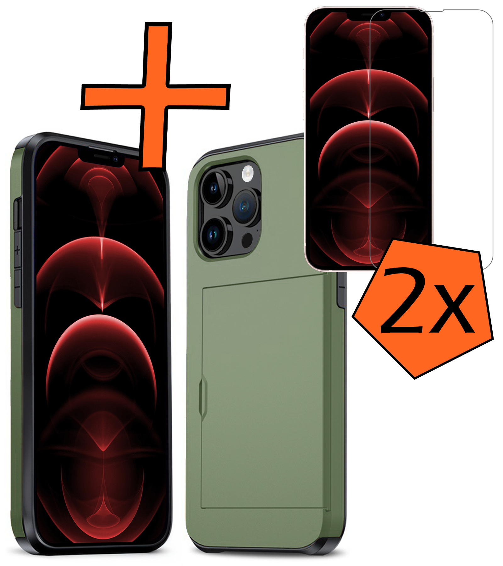 Nomfy Hoesje Geschikt voor iPhone 14 Pro Hoesje Pasjeshouder Shockproof Hard Case Met 2x Screenprotector - Hoesje Geschikt voor iPhone 14 Pro Hoes Met Kaarthouder - Donker Groen