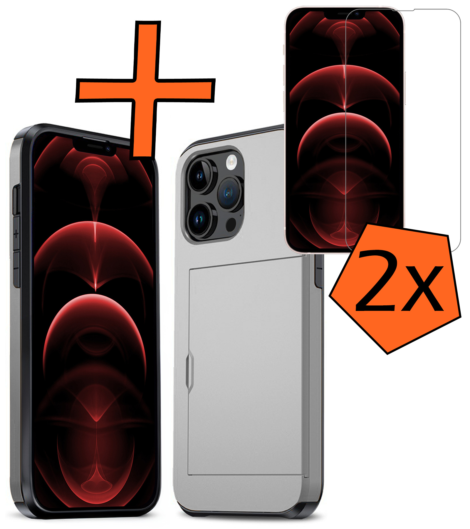 Nomfy Hoesje Geschikt voor iPhone 14 Pro Hoesje Pasjeshouder Shockproof Hard Case Met 2x Screenprotector - Hoesje Geschikt voor iPhone 14 Pro Hoes Met Kaarthouder - Grijs