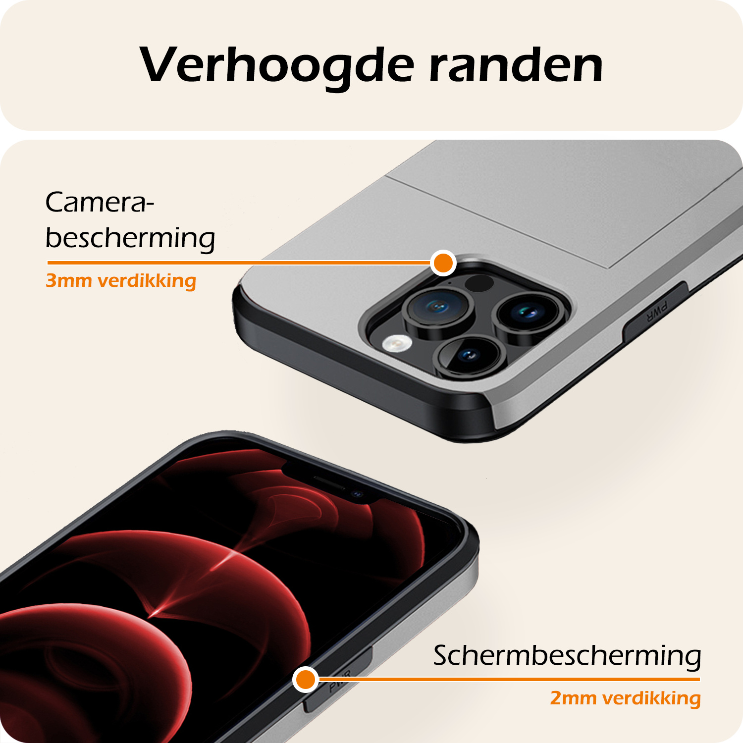 Nomfy Hoesje Geschikt voor iPhone 14 Pro Hoesje Pasjeshouder Shockproof Hard Case Met 2x Screenprotector - Hoesje Geschikt voor iPhone 14 Pro Hoes Met Kaarthouder - Grijs
