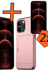 Nomfy Hoesje Geschikt voor iPhone 14 Pro Hoesje Pasjeshouder Shockproof Hard Case Met 2x Screenprotector - Hoesje Geschikt voor iPhone 14 Pro Hoes Met Kaarthouder - Rosé Goud
