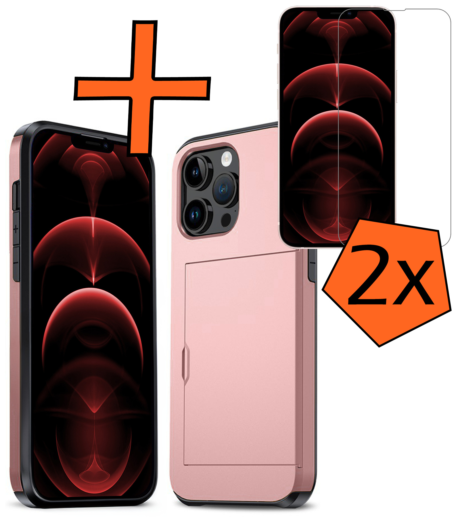 Nomfy Hoesje Geschikt voor iPhone 14 Pro Hoesje Pasjeshouder Shockproof Hard Case Met 2x Screenprotector - Hoesje Geschikt voor iPhone 14 Pro Hoes Met Kaarthouder - Rosé Goud
