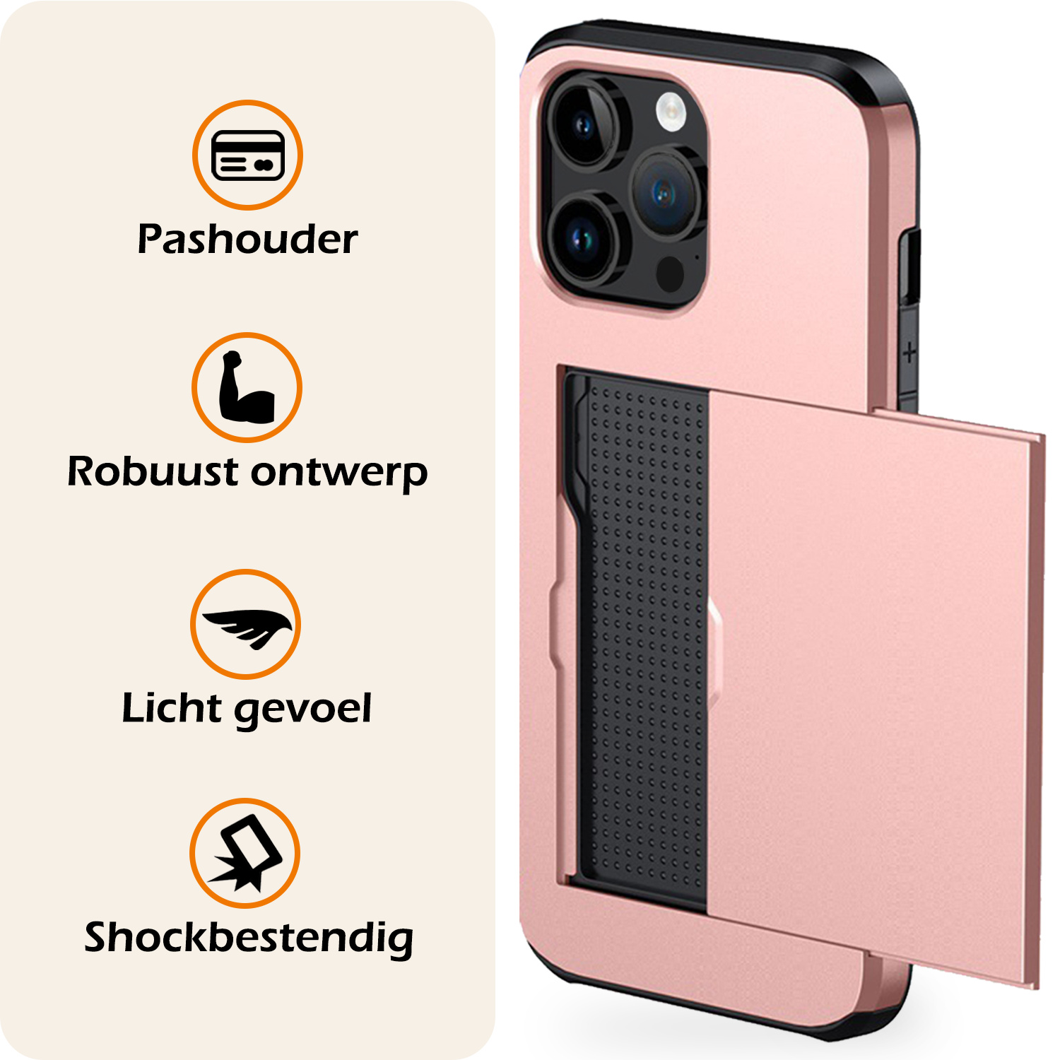 Nomfy Hoesje Geschikt voor iPhone 14 Pro Hoesje Pasjeshouder Shockproof Hard Case Met 2x Screenprotector - Hoesje Geschikt voor iPhone 14 Pro Hoes Met Kaarthouder - Rosé Goud