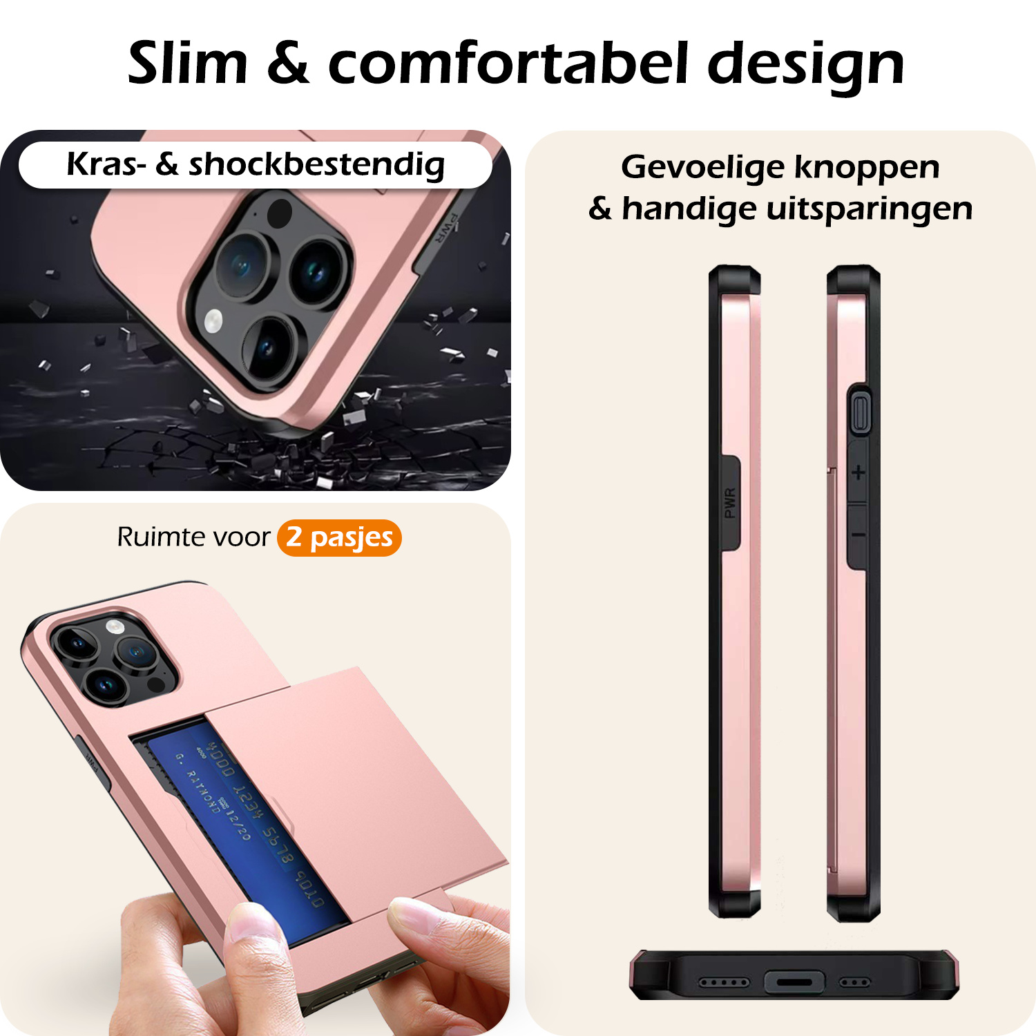 Nomfy Hoesje Geschikt voor iPhone 14 Pro Hoesje Pasjeshouder Shockproof Hard Case Met 2x Screenprotector - Hoesje Geschikt voor iPhone 14 Pro Hoes Met Kaarthouder - Rosé Goud