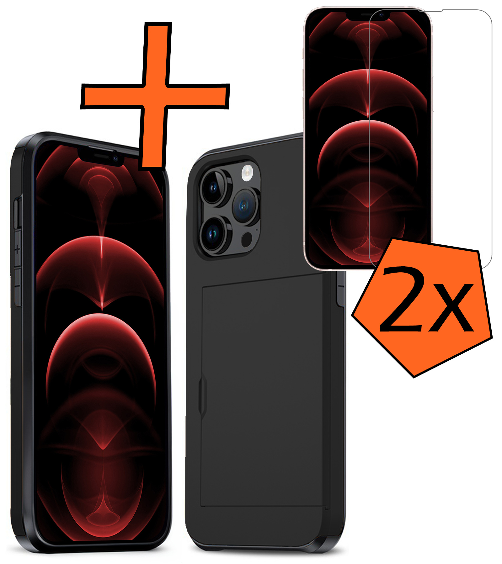 Nomfy Hoesje Geschikt voor iPhone 14 Pro Hoesje Pasjeshouder Shockproof Hard Case Met 2x Screenprotector - Hoesje Geschikt voor iPhone 14 Pro Hoes Met Kaarthouder - Zwart