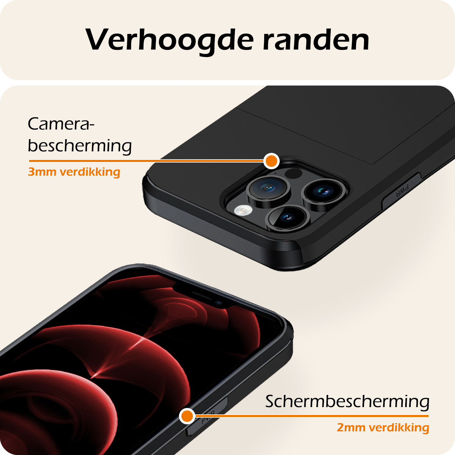 Nomfy Hoesje Geschikt voor iPhone 14 Pro Hoesje Pasjeshouder Shockproof Hard Case Met 2x Screenprotector - Hoesje Geschikt voor iPhone 14 Pro Hoes Met Kaarthouder - Zwart