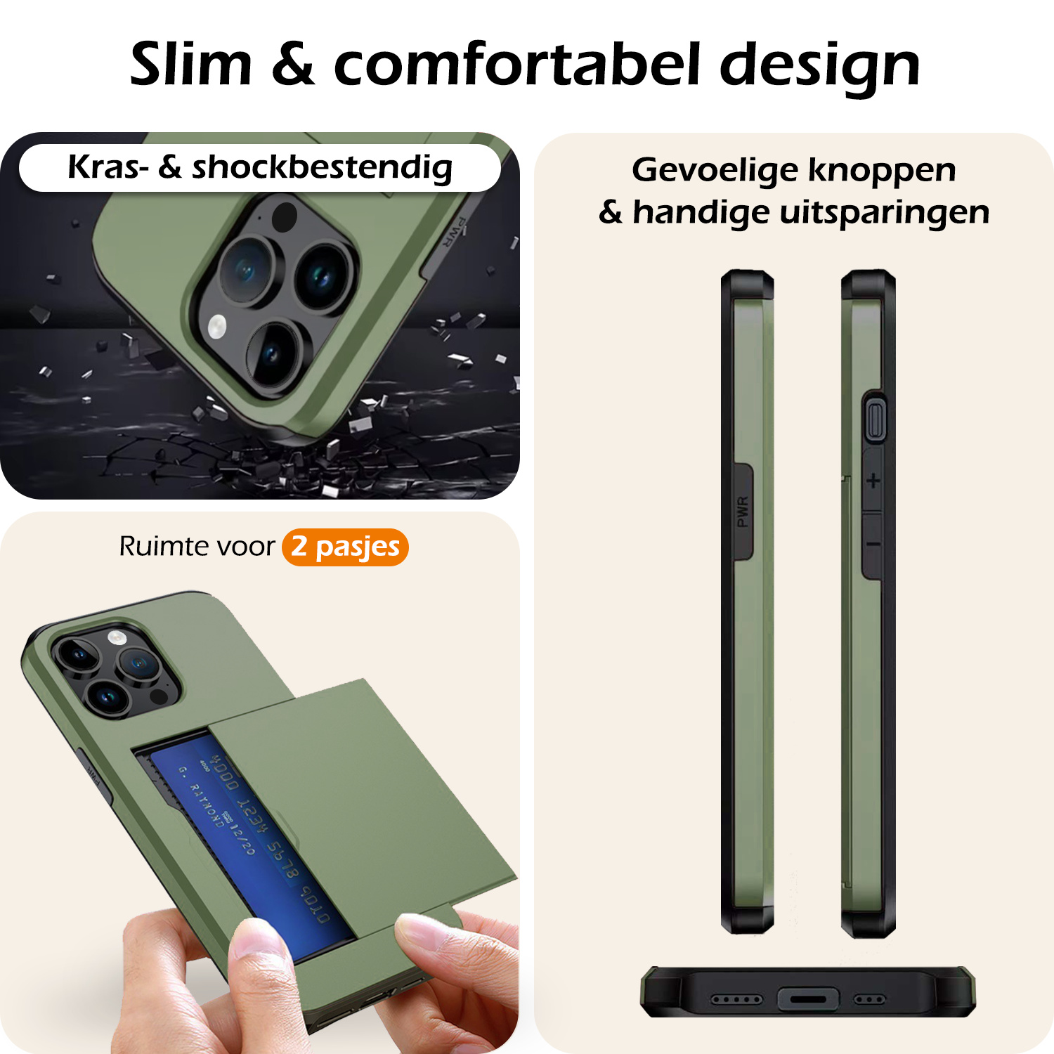 Nomfy Hoesje Geschikt voor iPhone 14 Pro Max Hoesje Pasjeshouder Shockproof Hard Case - Hoesje Geschikt voor iPhone 14 Pro Max Hoes Met Kaarthouder - Donker Groen
