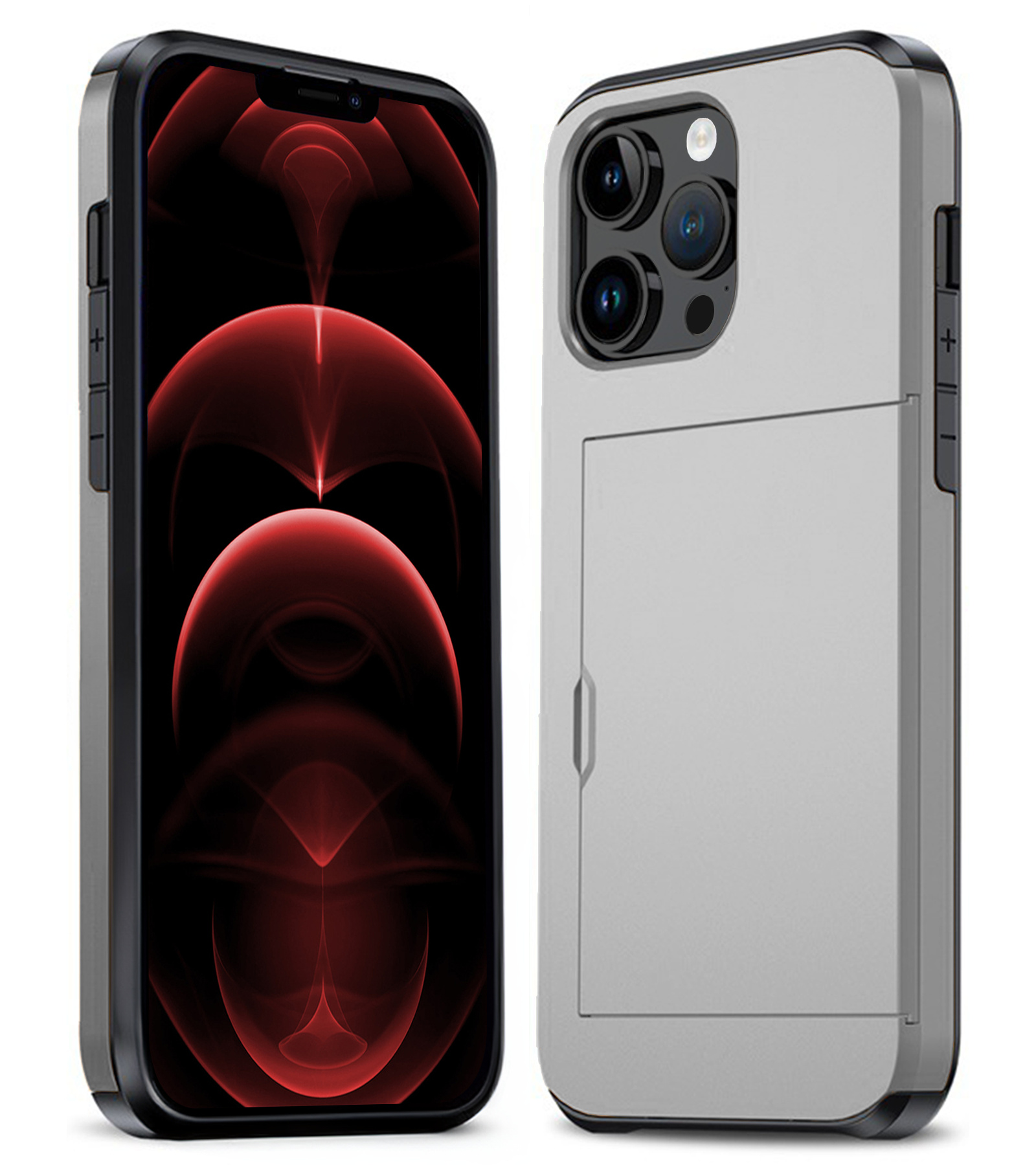 Nomfy Hoesje Geschikt voor iPhone 14 Pro Max Hoesje Pasjeshouder Shockproof Hard Case - Hoesje Geschikt voor iPhone 14 Pro Max Hoes Met Kaarthouder - Grijs