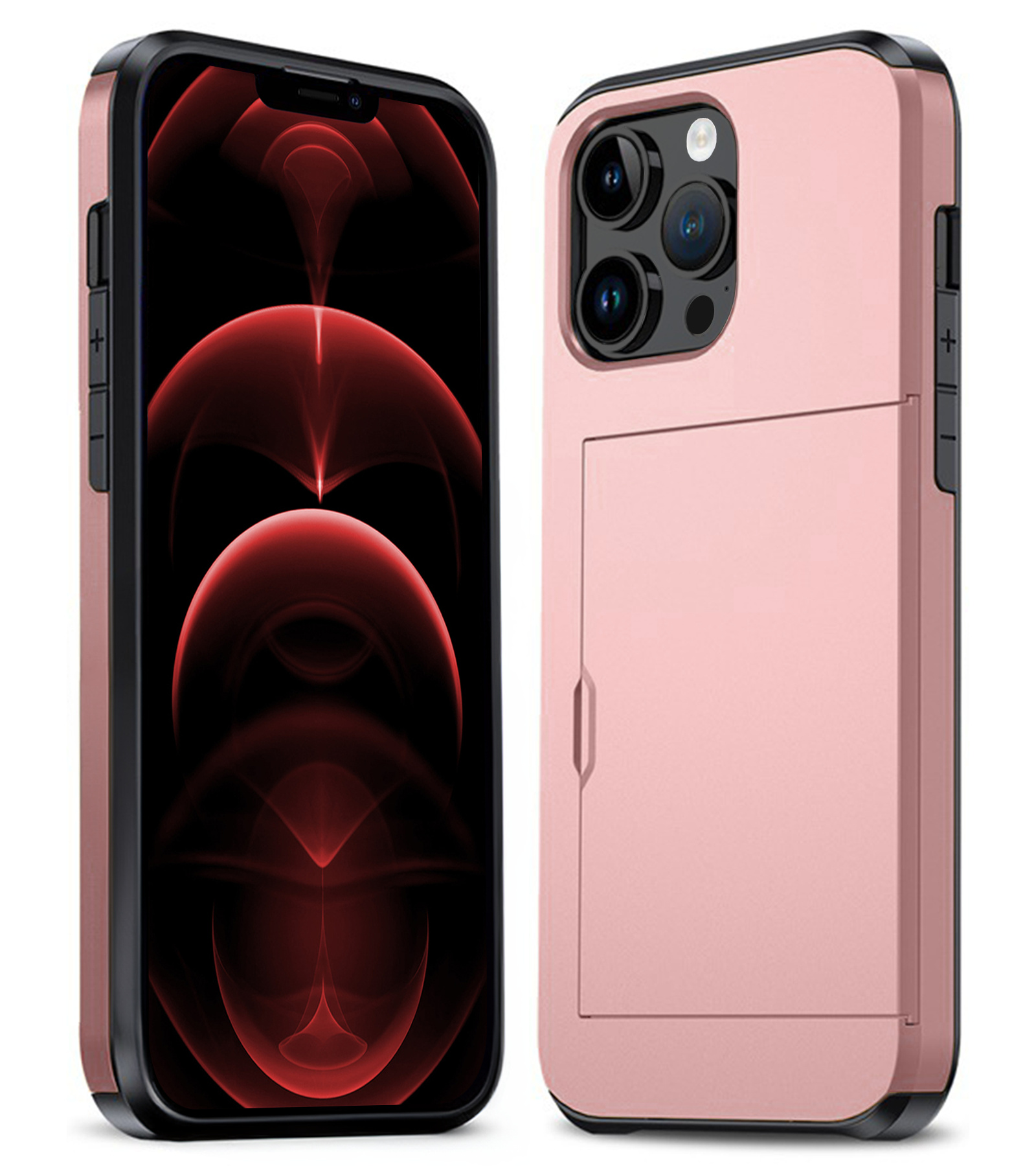 Nomfy Hoesje Geschikt voor iPhone 14 Pro Max Hoesje Pasjeshouder Shockproof Hard Case - Hoesje Geschikt voor iPhone 14 Pro Max Hoes Met Kaarthouder - Rosé Goud