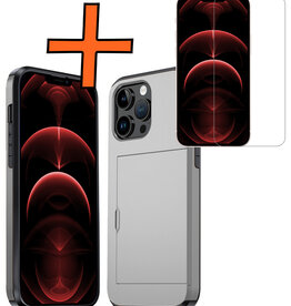 Nomfy Nomfy iPhone 14 Pro Max Hoesje Pashouder Hard Met Screenprotector - Grijs