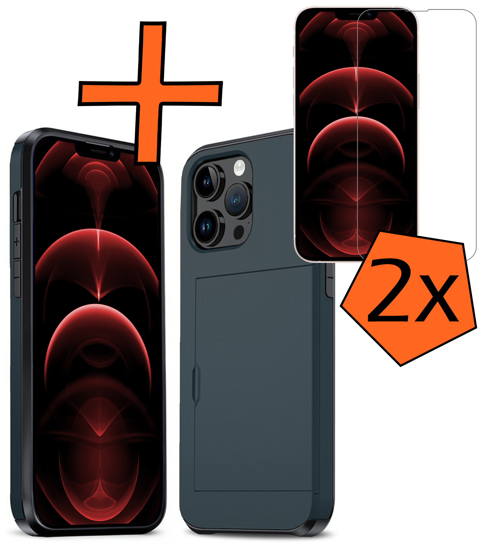 Nomfy Hoesje Geschikt voor iPhone 14 Pro Max Hoesje Pasjeshouder Shockproof Hard Case Met 2x Screenprotector - Hoesje Geschikt voor iPhone 14 Pro Max Hoes Met Kaarthouder - Donker Blauw