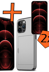 Nomfy Hoesje Geschikt voor iPhone 14 Pro Max Hoesje Pasjeshouder Shockproof Hard Case Met 2x Screenprotector - Hoesje Geschikt voor iPhone 14 Pro Max Hoes Met Kaarthouder - Grijs