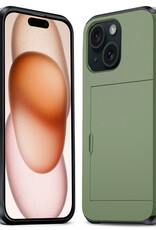 Nomfy Hoesje Geschikt voor iPhone 15 Hoesje Pasjeshouder Shockproof Hard Case - Hoesje Geschikt voor iPhone 15 Hoes Met Kaarthouder - Donker Groen