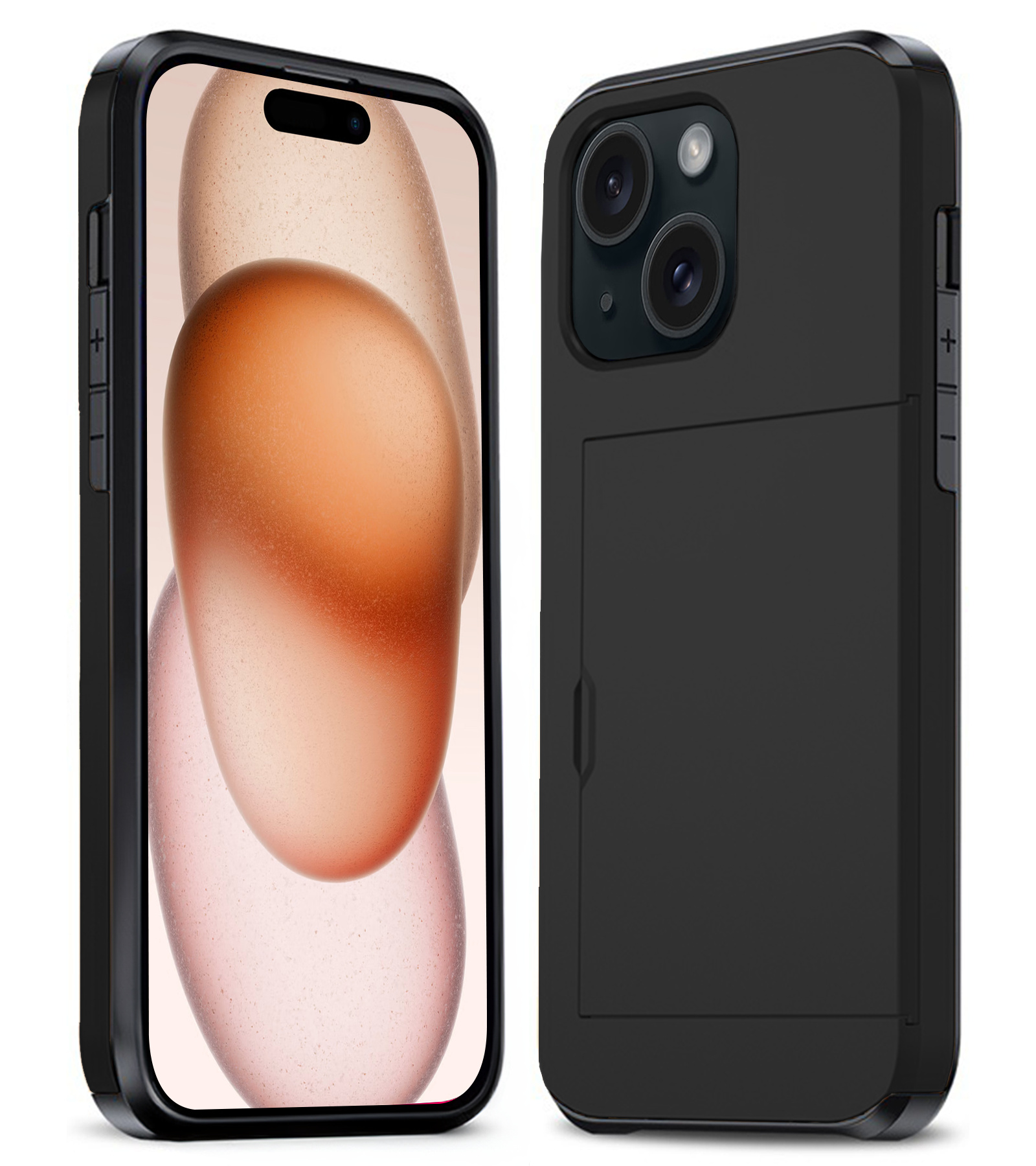 Nomfy Hoesje Geschikt voor iPhone 15 Hoesje Pasjeshouder Shockproof Hard Case - Hoesje Geschikt voor iPhone 15 Hoes Met Kaarthouder - Zwart