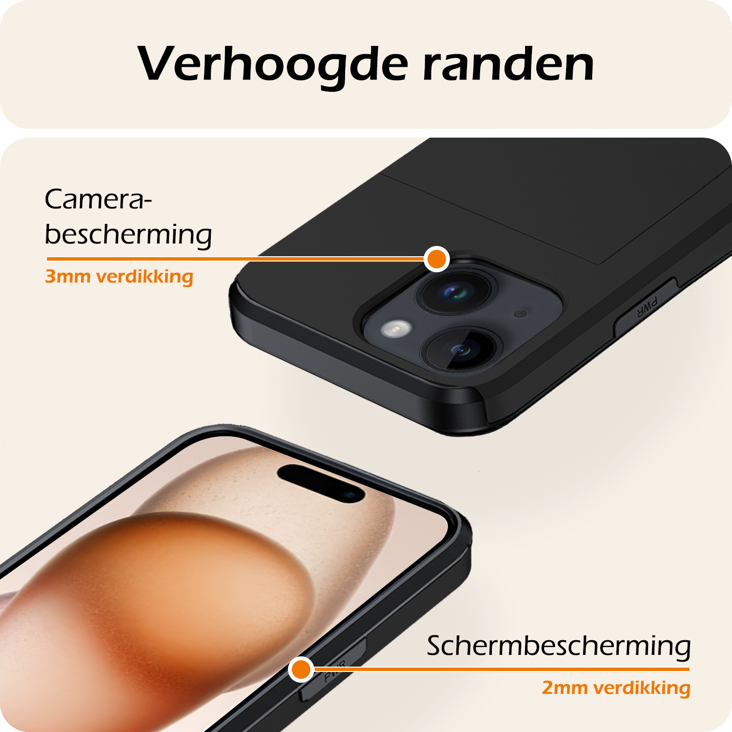 Nomfy Hoesje Geschikt voor iPhone 15 Hoesje Pasjeshouder Shockproof Hard Case - Hoesje Geschikt voor iPhone 15 Hoes Met Kaarthouder - Zwart