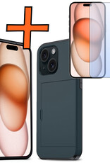 Nomfy Hoesje Geschikt voor iPhone 15 Hoesje Pasjeshouder Shockproof Hard Case Met Screenprotector - Hoesje Geschikt voor iPhone 15 Hoes Met Kaarthouder - Donker Blauw