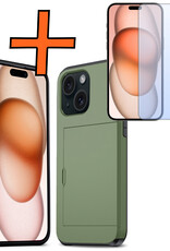Nomfy Hoesje Geschikt voor iPhone 15 Hoesje Pasjeshouder Shockproof Hard Case Met Screenprotector - Hoesje Geschikt voor iPhone 15 Hoes Met Kaarthouder - Donker Groen