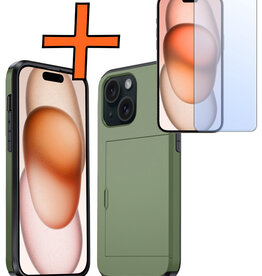 Nomfy Nomfy iPhone 15 Hoesje Pashouder Hard Met Screenprotector - Donker Groen
