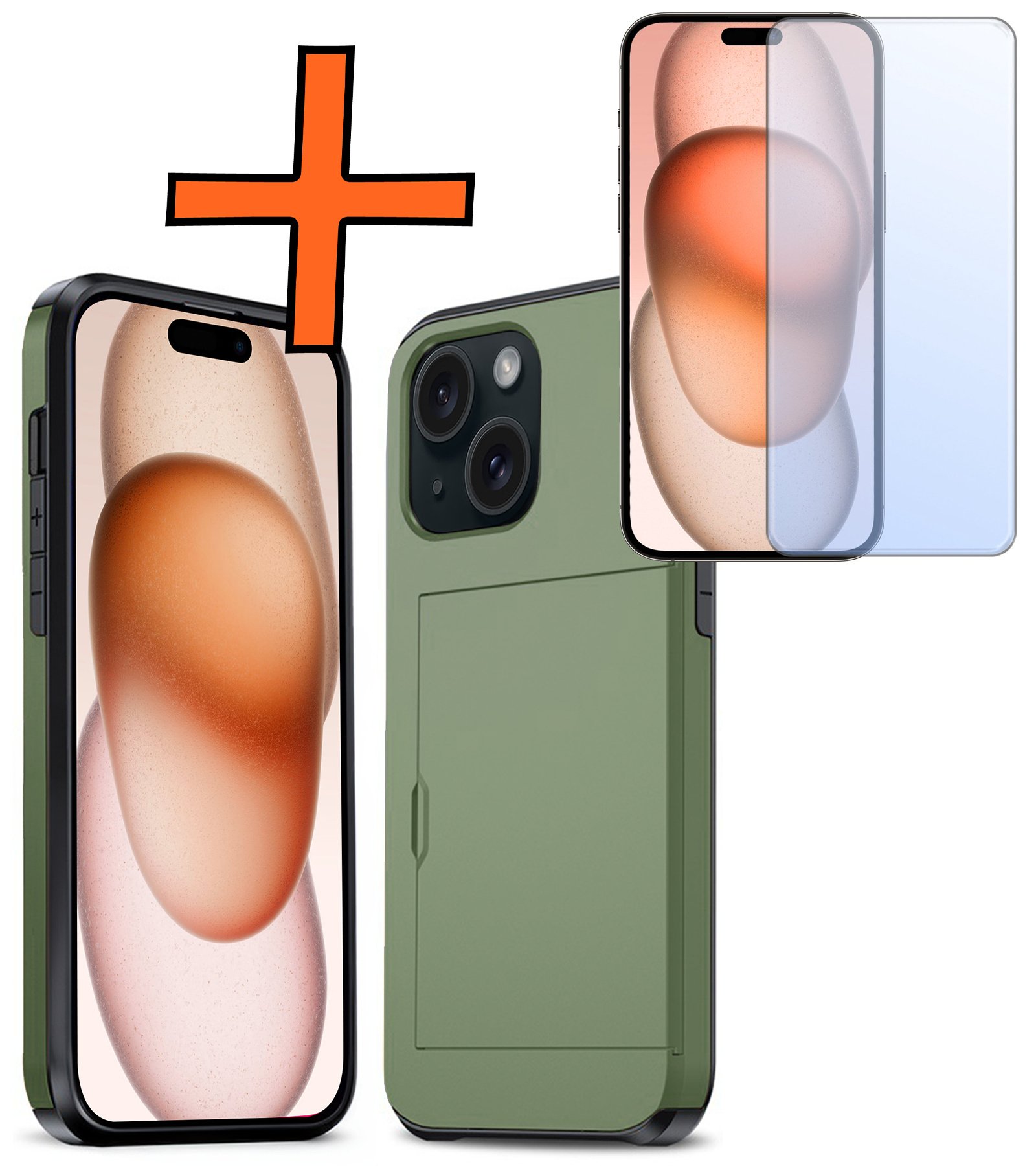Nomfy Hoesje Geschikt voor iPhone 15 Hoesje Pasjeshouder Shockproof Hard Case Met Screenprotector - Hoesje Geschikt voor iPhone 15 Hoes Met Kaarthouder - Donker Groen