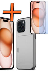 Nomfy Hoesje Geschikt voor iPhone 15 Hoesje Pasjeshouder Shockproof Hard Case Met Screenprotector - Hoesje Geschikt voor iPhone 15 Hoes Met Kaarthouder - Grijs