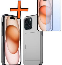 Nomfy Nomfy iPhone 15 Hoesje Pashouder Hard Met Screenprotector - Grijs