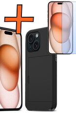 Nomfy Hoesje Geschikt voor iPhone 15 Hoesje Pasjeshouder Shockproof Hard Case Met Screenprotector - Hoesje Geschikt voor iPhone 15 Hoes Met Kaarthouder - Zwart