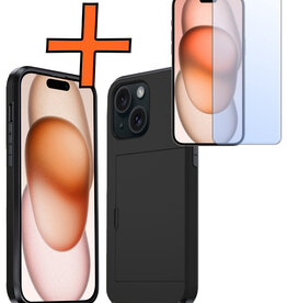 Nomfy Nomfy iPhone 15 Hoesje Pashouder Hard Met Screenprotector - Zwart