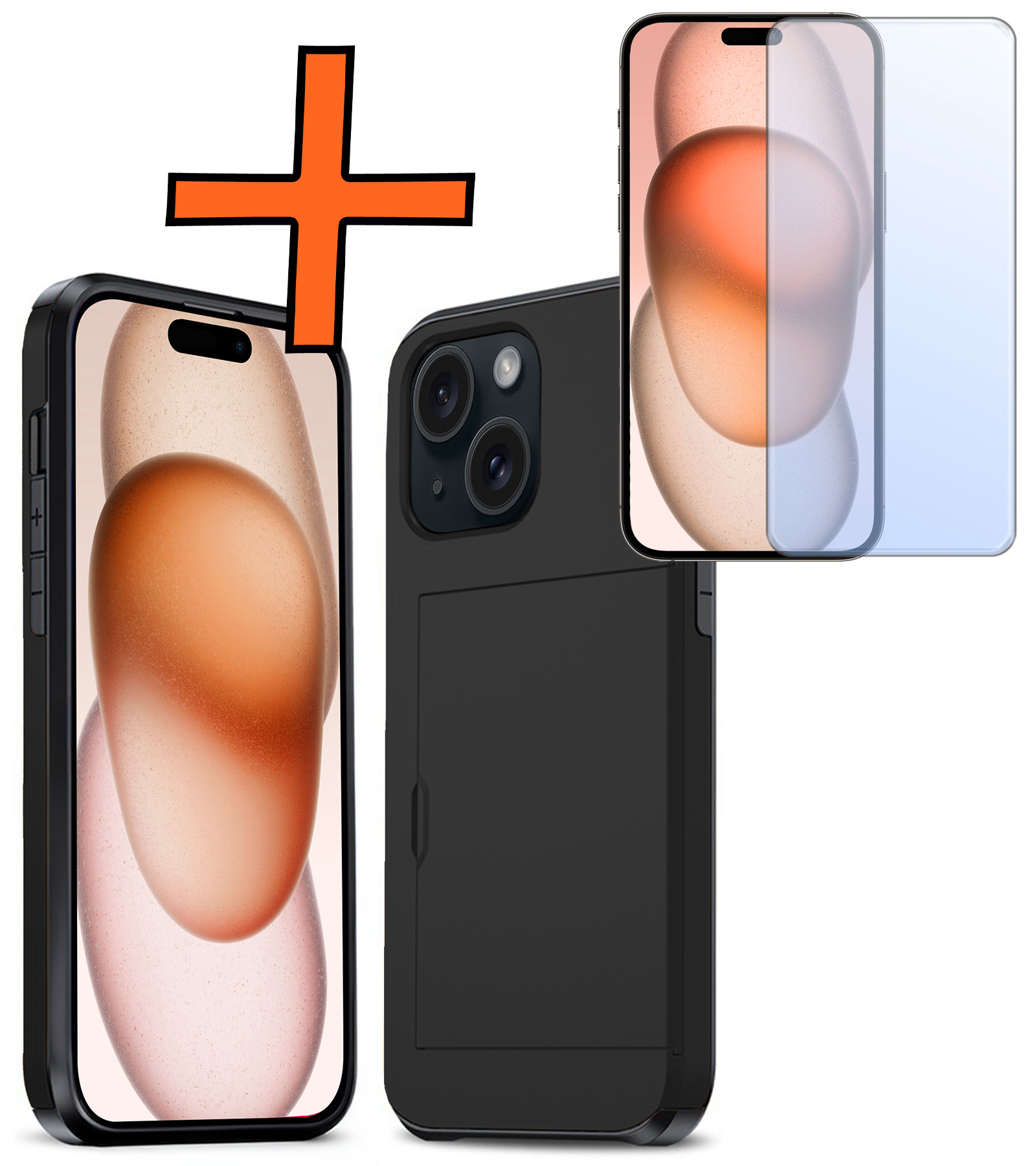 Nomfy Hoesje Geschikt voor iPhone 15 Hoesje Pasjeshouder Shockproof Hard Case Met Screenprotector - Hoesje Geschikt voor iPhone 15 Hoes Met Kaarthouder - Zwart