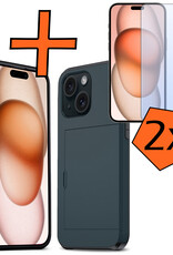 Nomfy Hoesje Geschikt voor iPhone 15 Hoesje Pasjeshouder Shockproof Hard Case Met 2x Screenprotector - Hoesje Geschikt voor iPhone 15 Hoes Met Kaarthouder - Donker Blauw