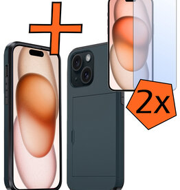 Nomfy Nomfy iPhone 15 Hoesje Pashouder Hard Met 2x Screenprotector - Donker Blauw