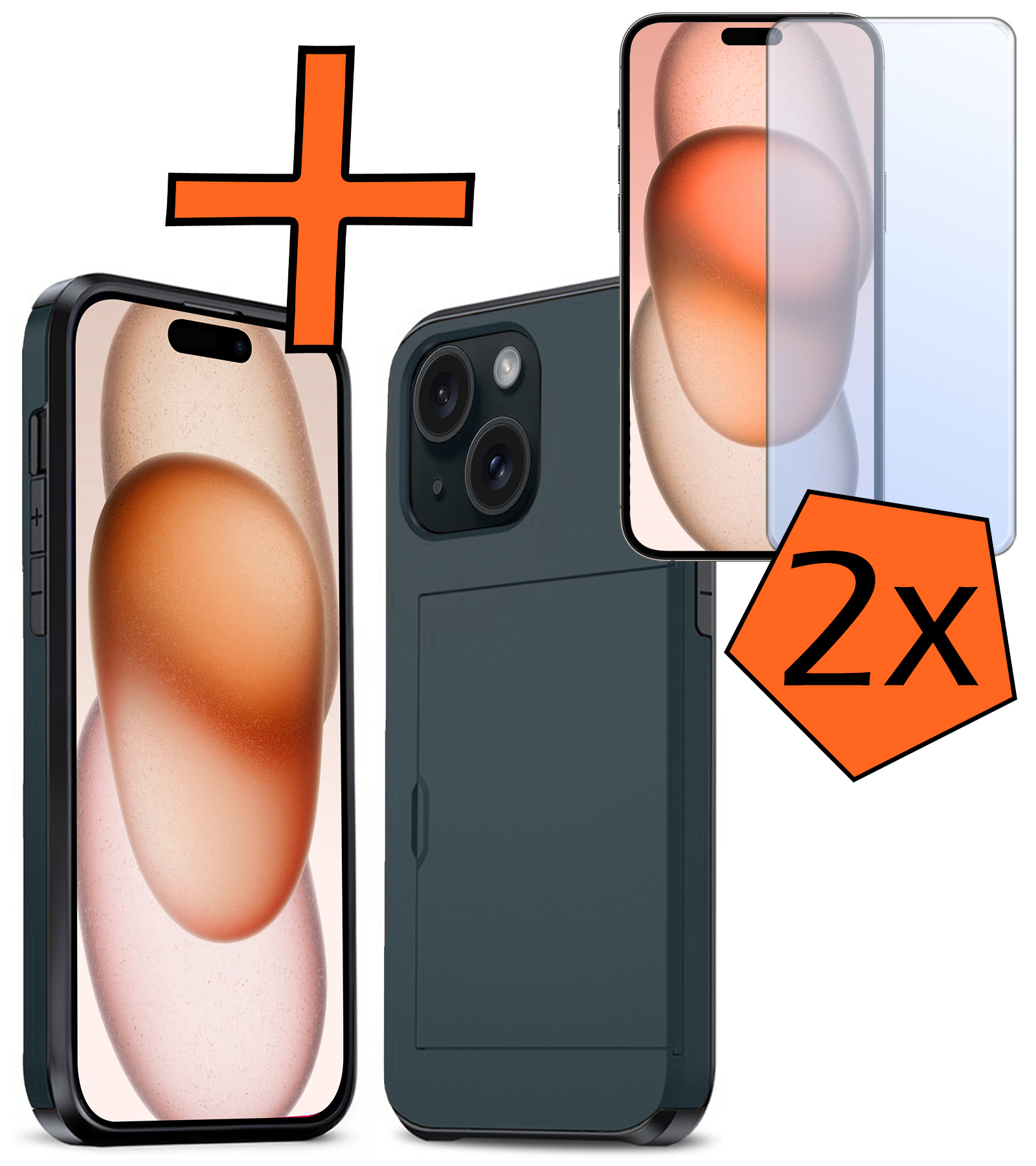 Nomfy Hoesje Geschikt voor iPhone 15 Hoesje Pasjeshouder Shockproof Hard Case Met 2x Screenprotector - Hoesje Geschikt voor iPhone 15 Hoes Met Kaarthouder - Donker Blauw