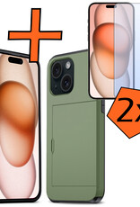 Nomfy Hoesje Geschikt voor iPhone 15 Hoesje Pasjeshouder Shockproof Hard Case Met 2x Screenprotector - Hoesje Geschikt voor iPhone 15 Hoes Met Kaarthouder - Donker Groen