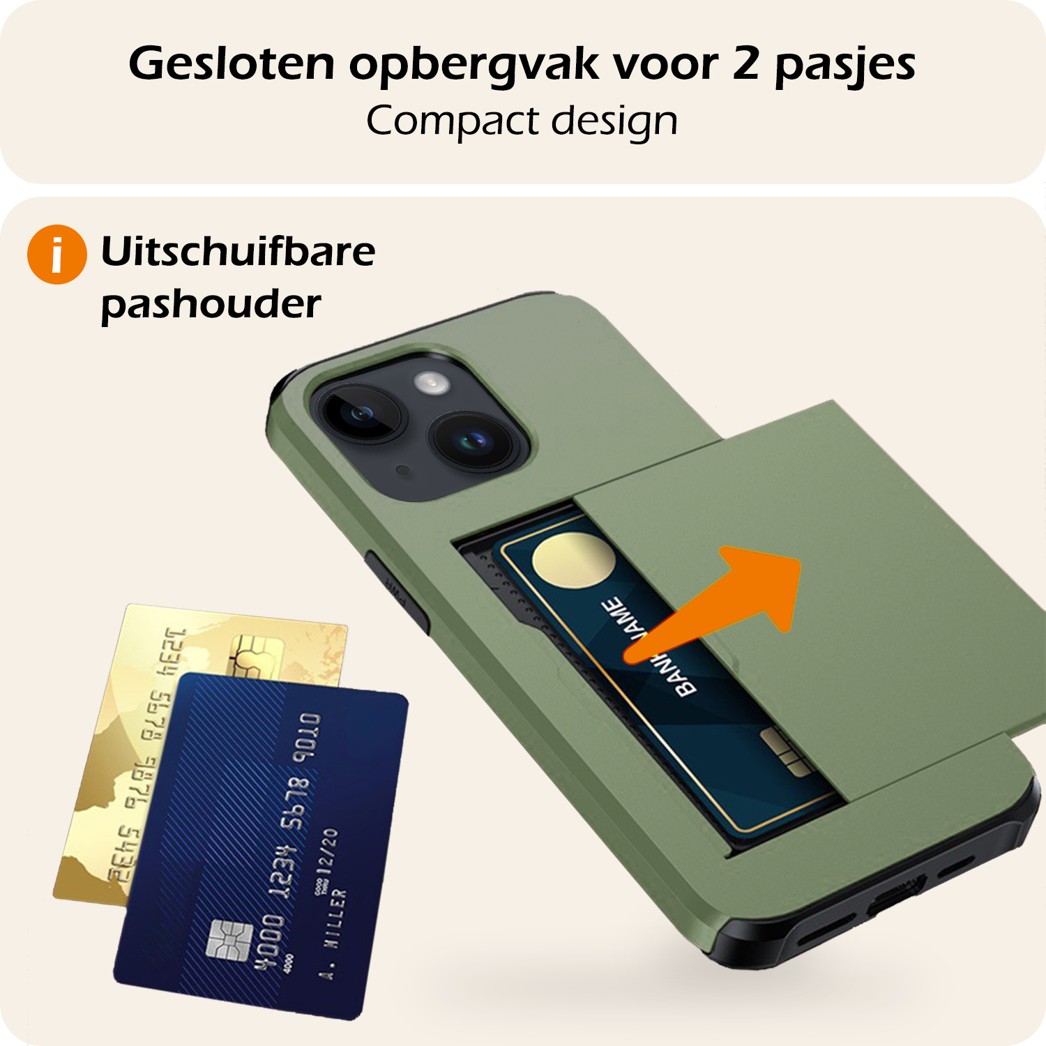 Nomfy Hoesje Geschikt voor iPhone 15 Hoesje Pasjeshouder Shockproof Hard Case Met 2x Screenprotector - Hoesje Geschikt voor iPhone 15 Hoes Met Kaarthouder - Donker Groen