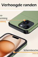 Nomfy Hoesje Geschikt voor iPhone 15 Hoesje Pasjeshouder Shockproof Hard Case Met 2x Screenprotector - Hoesje Geschikt voor iPhone 15 Hoes Met Kaarthouder - Donker Groen