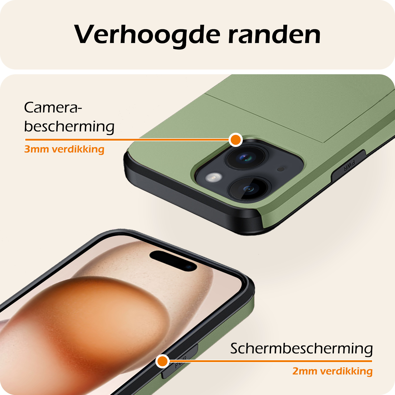 Nomfy Hoesje Geschikt voor iPhone 15 Hoesje Pasjeshouder Shockproof Hard Case Met 2x Screenprotector - Hoesje Geschikt voor iPhone 15 Hoes Met Kaarthouder - Donker Groen