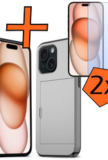 Nomfy Hoesje Geschikt voor iPhone 15 Hoesje Pasjeshouder Shockproof Hard Case Met 2x Screenprotector - Hoesje Geschikt voor iPhone 15 Hoes Met Kaarthouder - Grijs