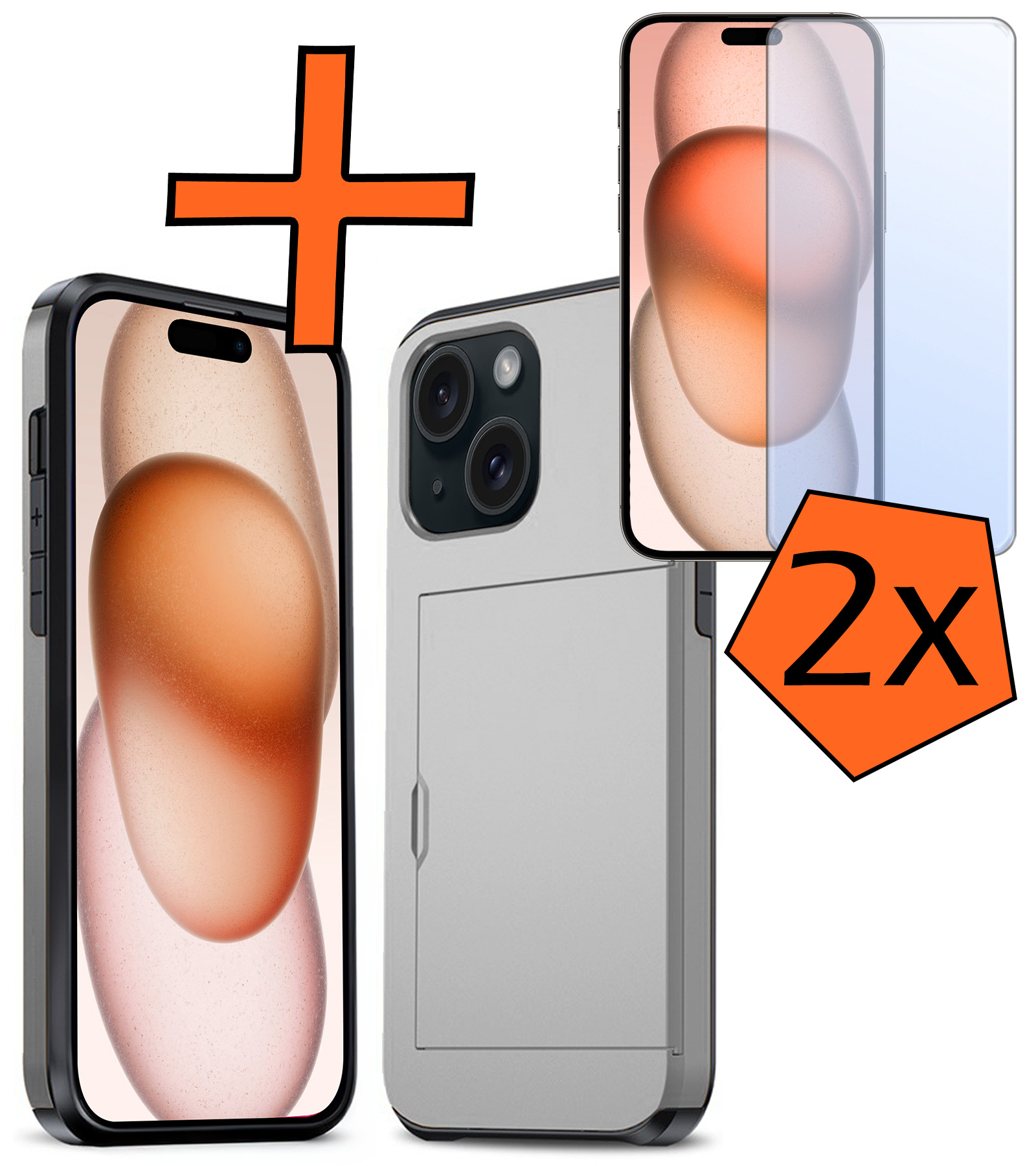 Nomfy Hoesje Geschikt voor iPhone 15 Hoesje Pasjeshouder Shockproof Hard Case Met 2x Screenprotector - Hoesje Geschikt voor iPhone 15 Hoes Met Kaarthouder - Grijs