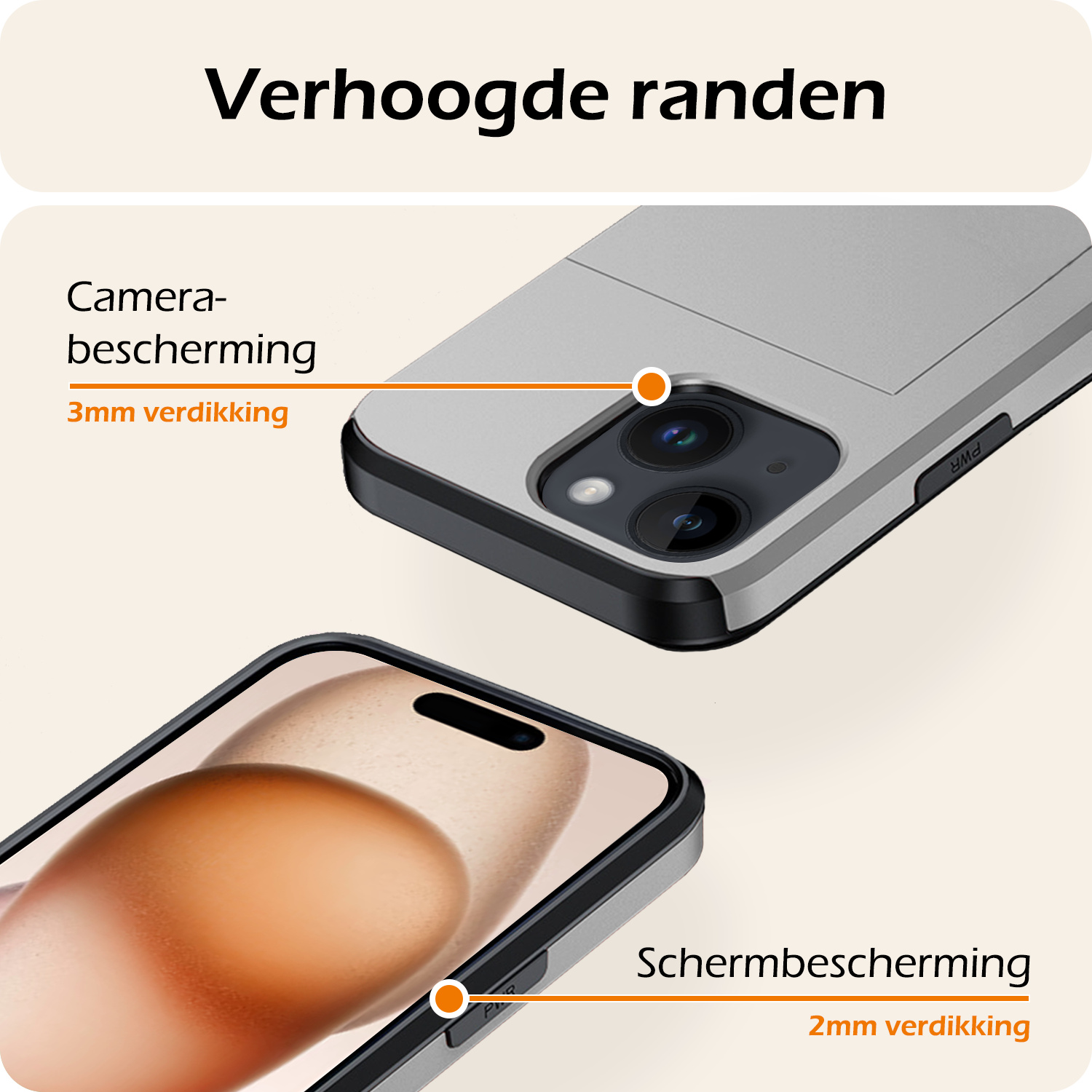Nomfy Hoesje Geschikt voor iPhone 15 Hoesje Pasjeshouder Shockproof Hard Case Met 2x Screenprotector - Hoesje Geschikt voor iPhone 15 Hoes Met Kaarthouder - Grijs