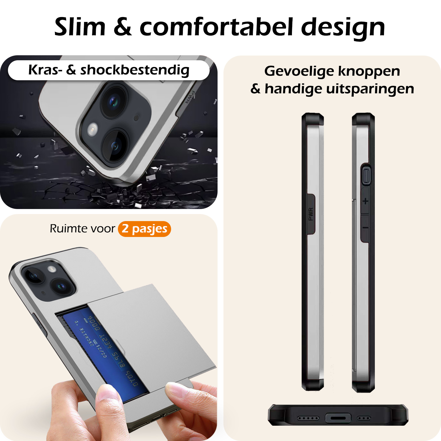 Nomfy Hoesje Geschikt voor iPhone 15 Hoesje Pasjeshouder Shockproof Hard Case Met 2x Screenprotector - Hoesje Geschikt voor iPhone 15 Hoes Met Kaarthouder - Grijs
