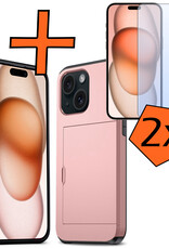 Nomfy Hoesje Geschikt voor iPhone 15 Hoesje Pasjeshouder Shockproof Hard Case Met 2x Screenprotector - Hoesje Geschikt voor iPhone 15 Hoes Met Kaarthouder - Rosé Goud
