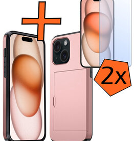 Nomfy Nomfy iPhone 15 Hoesje Pashouder Hard Met 2x Screenprotector - Rosé Goud