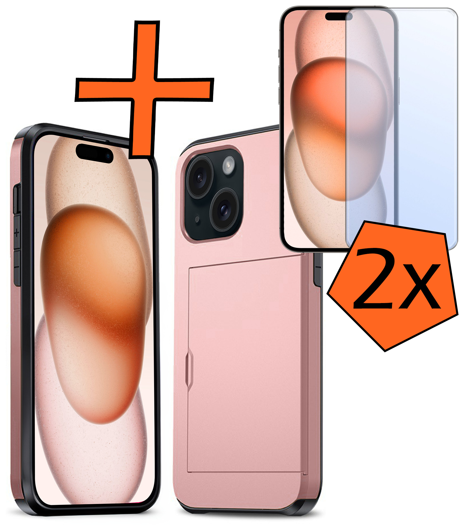 Nomfy Hoesje Geschikt voor iPhone 15 Hoesje Pasjeshouder Shockproof Hard Case Met 2x Screenprotector - Hoesje Geschikt voor iPhone 15 Hoes Met Kaarthouder - Rosé Goud