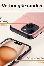 Nomfy Hoesje Geschikt voor iPhone 15 Hoesje Pasjeshouder Shockproof Hard Case Met 2x Screenprotector - Hoesje Geschikt voor iPhone 15 Hoes Met Kaarthouder - Rosé Goud
