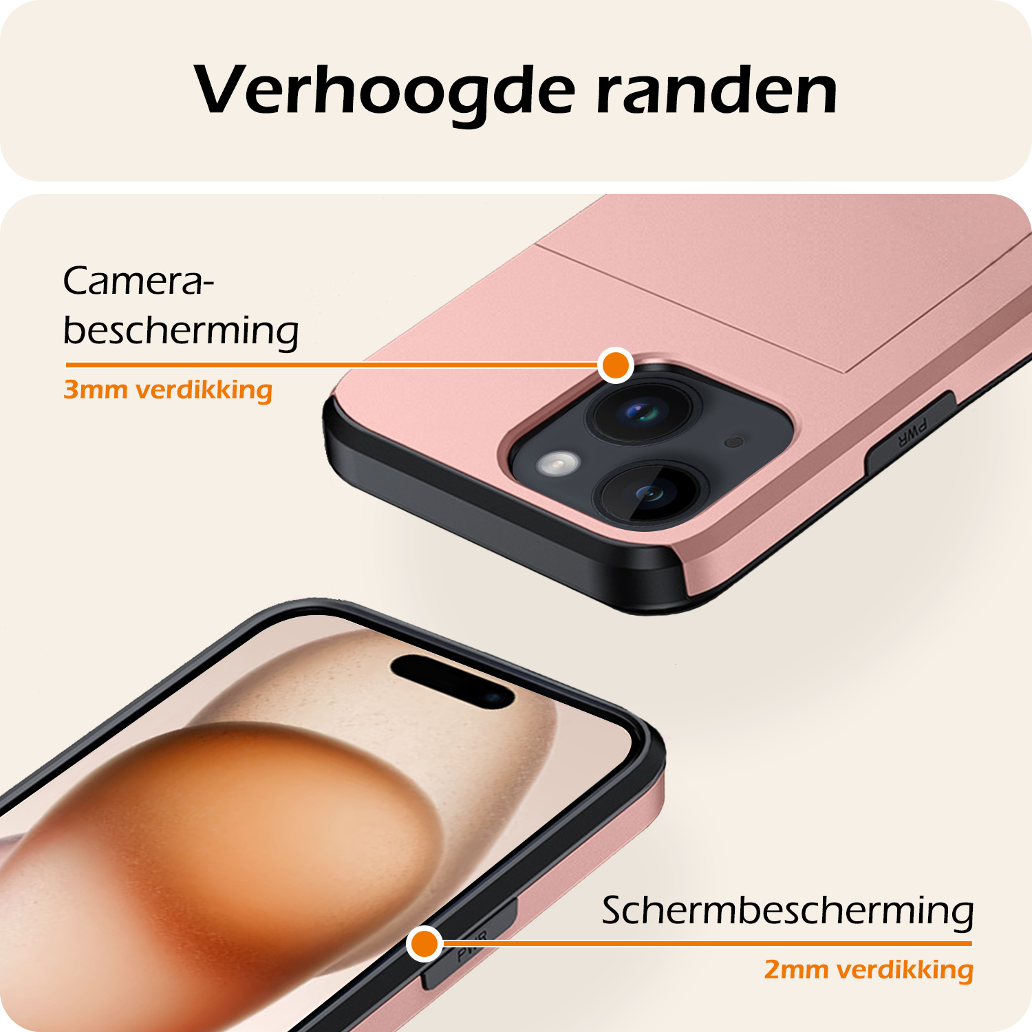 Nomfy Hoesje Geschikt voor iPhone 15 Hoesje Pasjeshouder Shockproof Hard Case Met 2x Screenprotector - Hoesje Geschikt voor iPhone 15 Hoes Met Kaarthouder - Rosé Goud