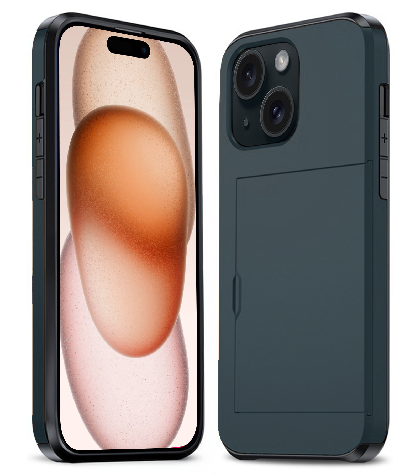 Nomfy Hoesje Geschikt voor iPhone 15 Plus Hoesje Pasjeshouder Shockproof Hard Case - Hoesje Geschikt voor iPhone 15 Plus Hoes Met Kaarthouder - Donker Blauw
