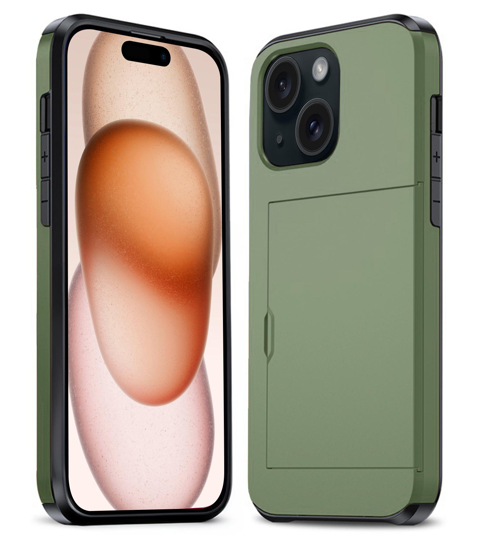 Nomfy Hoesje Geschikt voor iPhone 15 Plus Hoesje Pasjeshouder Shockproof Hard Case - Hoesje Geschikt voor iPhone 15 Plus Hoes Met Kaarthouder - Donker Groen