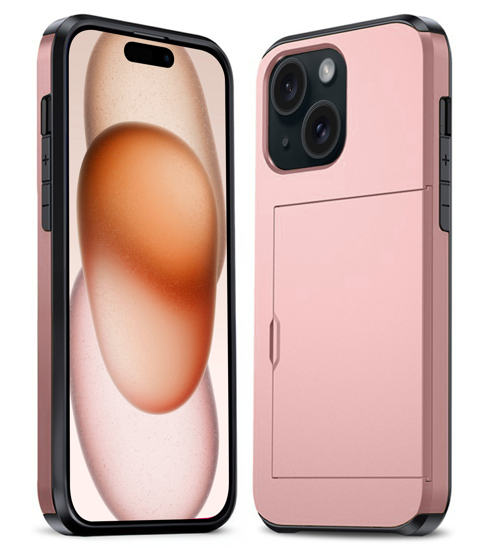 Nomfy Hoesje Geschikt voor iPhone 15 Plus Hoesje Pasjeshouder Shockproof Hard Case - Hoesje Geschikt voor iPhone 15 Plus Hoes Met Kaarthouder - Rosé Goud