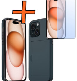 Nomfy Nomfy iPhone 15 Plus Hoesje Pashouder Hard Met Screenprotector - Donker Blauw