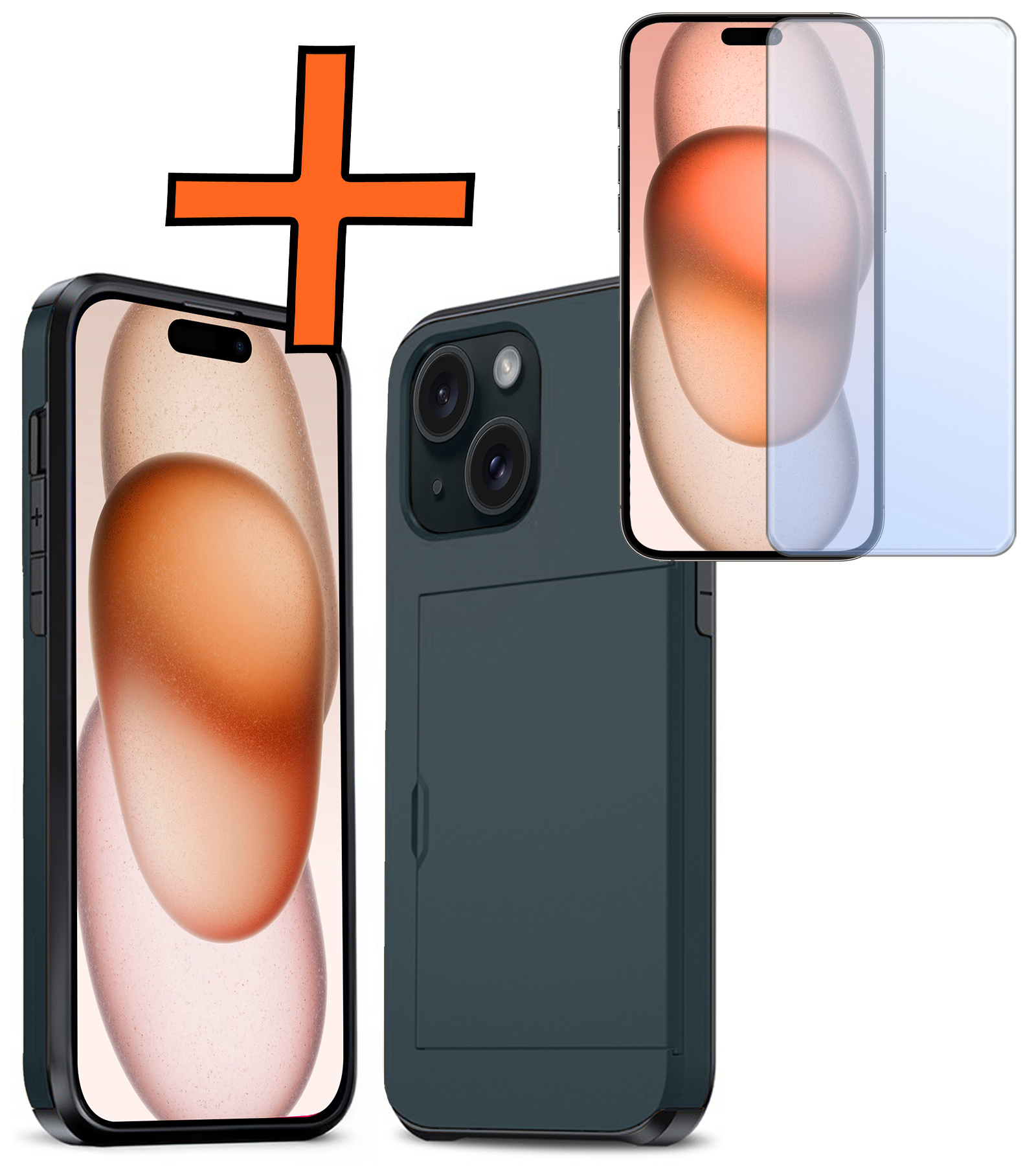 Nomfy Hoesje Geschikt voor iPhone 15 Plus Hoesje Pasjeshouder Shockproof Hard Case Met Screenprotector - Hoesje Geschikt voor iPhone 15 Plus Hoes Met Kaarthouder - Donker Blauw