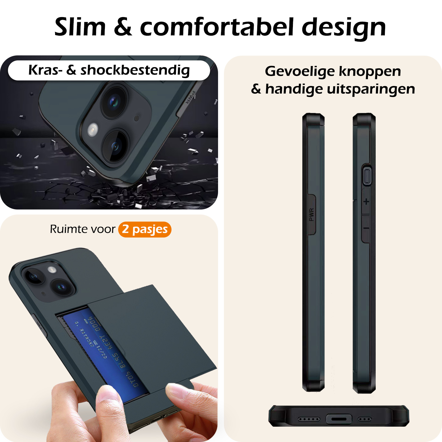 Nomfy Hoesje Geschikt voor iPhone 15 Plus Hoesje Pasjeshouder Shockproof Hard Case Met Screenprotector - Hoesje Geschikt voor iPhone 15 Plus Hoes Met Kaarthouder - Donker Blauw