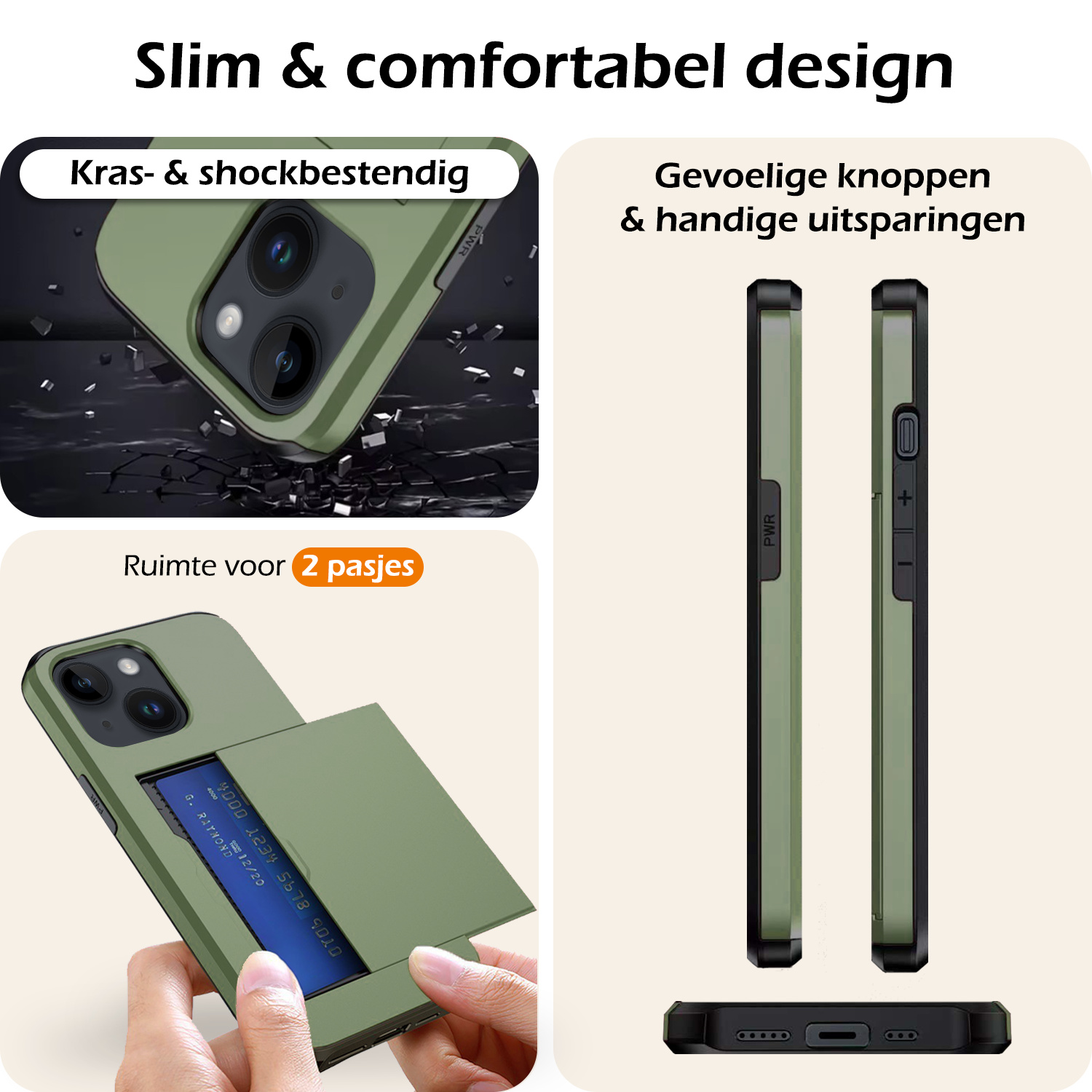 Nomfy Hoesje Geschikt voor iPhone 15 Plus Hoesje Pasjeshouder Shockproof Hard Case Met Screenprotector - Hoesje Geschikt voor iPhone 15 Plus Hoes Met Kaarthouder - Donker Groen